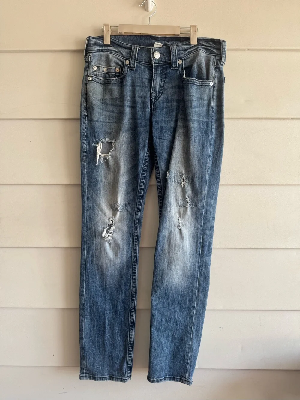 True Religion Unisex Blue Distressed Slim Jeans Sz 30